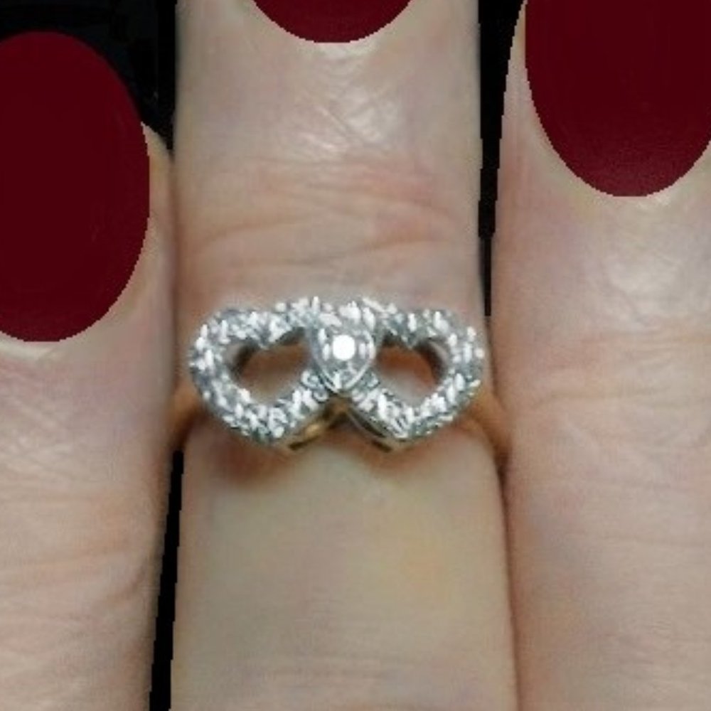 Style Crest Solid 10K Yellow Gold One Diamond Signed Heart Duo Ring 7.5